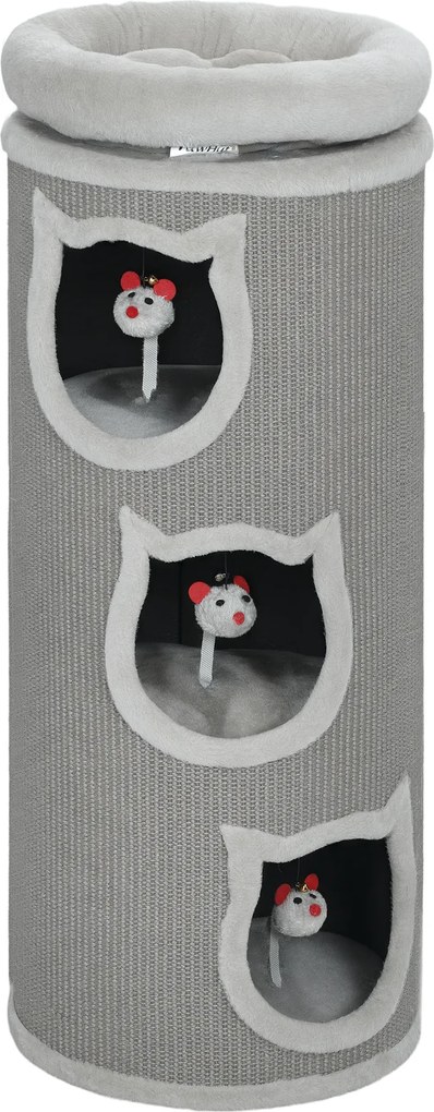 PawHut Barril arranhador para gatos, 96 cm, torre de 4 níveis com cama lavável, 3 tocas, brinquedo pendurado, para vários gatos Cinza | Aosom Portugal
