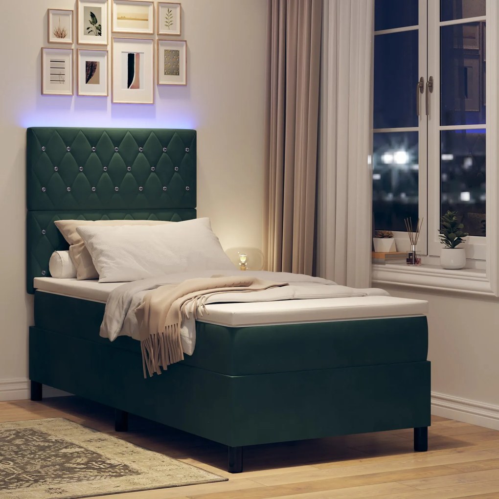 Cama Box com Colchão & LED verde escuro 90x190 cm Veludo