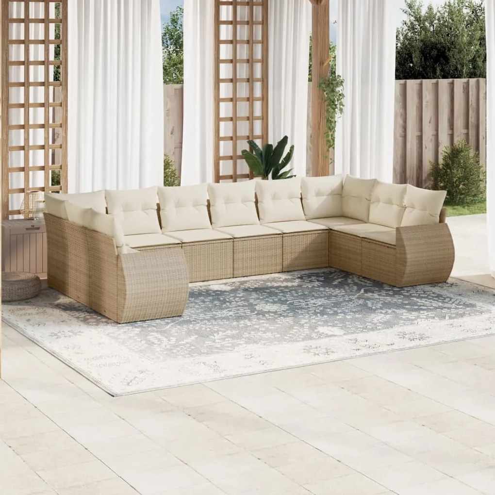 10 pcs conjunto de sofás p/ jardim com almofadões vime PE bege