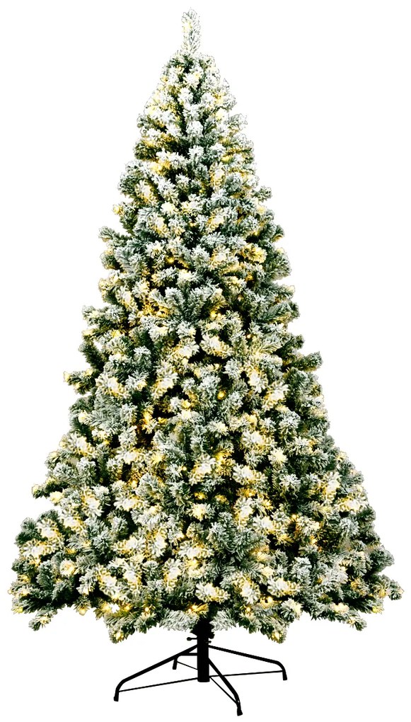 Arvore natal com neve artificial de 225 cm Iluminado com dobradiça 550 luzes LED Base metálica dobrável Verde