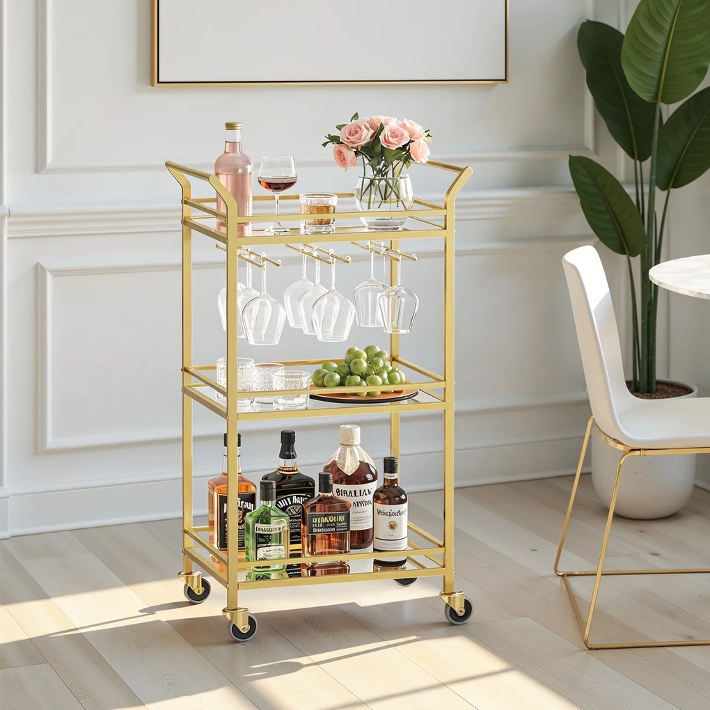 Carrinho de serviço bar com garrafeira com 3 níveis, com rodas 30 x 46,8 x 92 cm dourado