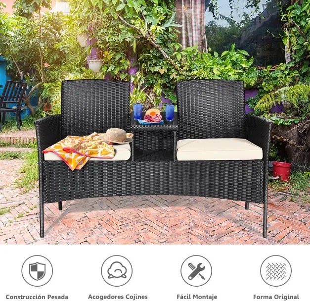 Conjunto de mesa e sofá em vidro de rattan PE com almofadas moderno para jardim, piscina, pátio 138 x 61 x 85 cm Almofadas Brancas
