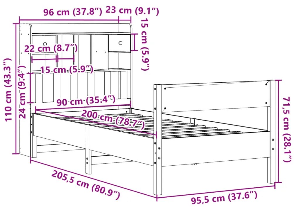 Cama com estante sem colchão 90x200 cm pinho maciço branco