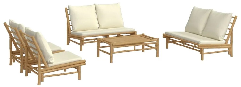 5 pcs conjunto lounge de jardim bambu c/ almofadões branco nata