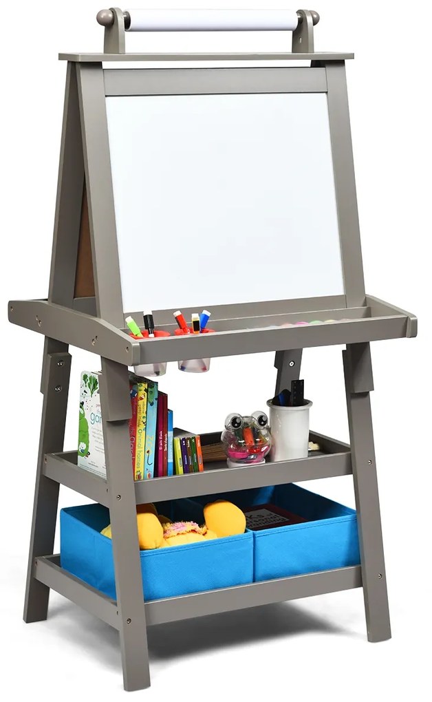 Cavalete infantil de dupla face 3 em 1 com 2 prateleiras 2 caixas e tabuleiro grande 59 x 50 x 117 cm Cinzento