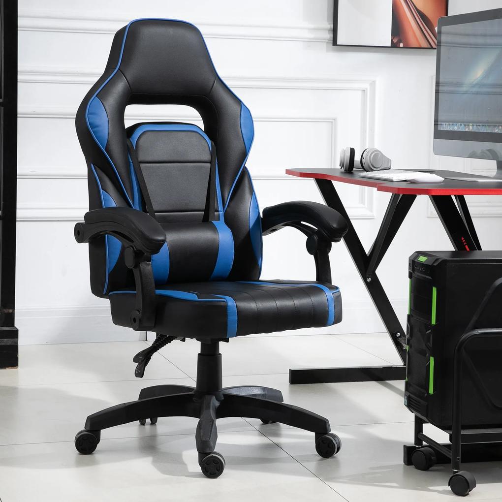 Vinsetto Cadeira de escritório ergonômica ajustável em altura Reclinável até 135 ° Cadeira gaming com encosto alto Assento acolchoado ajustável 64x69x119-129 cm Azul