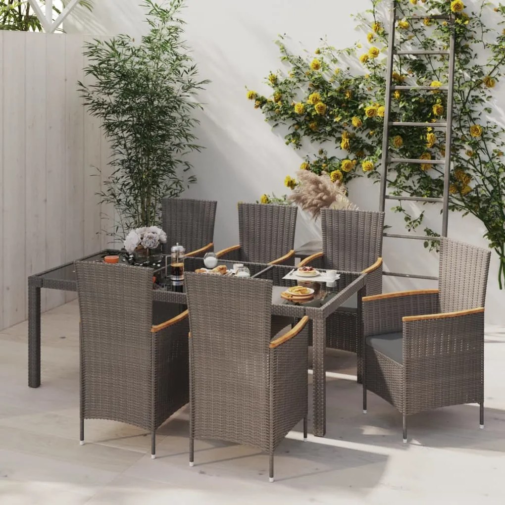 vidaXL 7pcs conjunto jantar exterior c/ almofadões vime PE preto/cinza