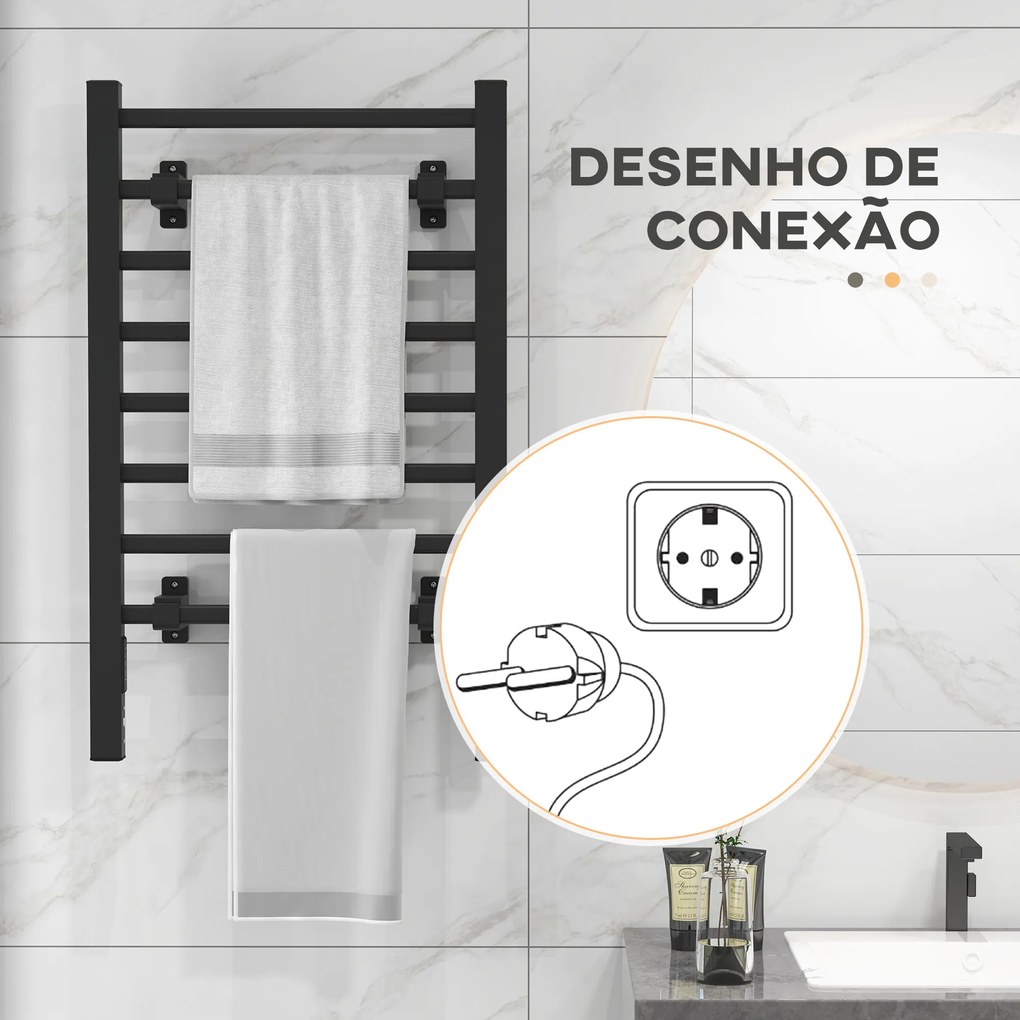 HOMCOM Toalheiro Elétrico de Parede ou Solo 150 W Aquecedor de Toalhas de Liga de Alumínio com Função de Temporizador e 8 Barras para Casa de Banho 53x35x90 cm Preto