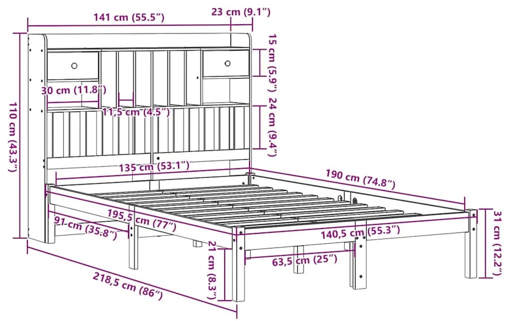 Cama com estante sem colchão 135x190 cm pinho maciço