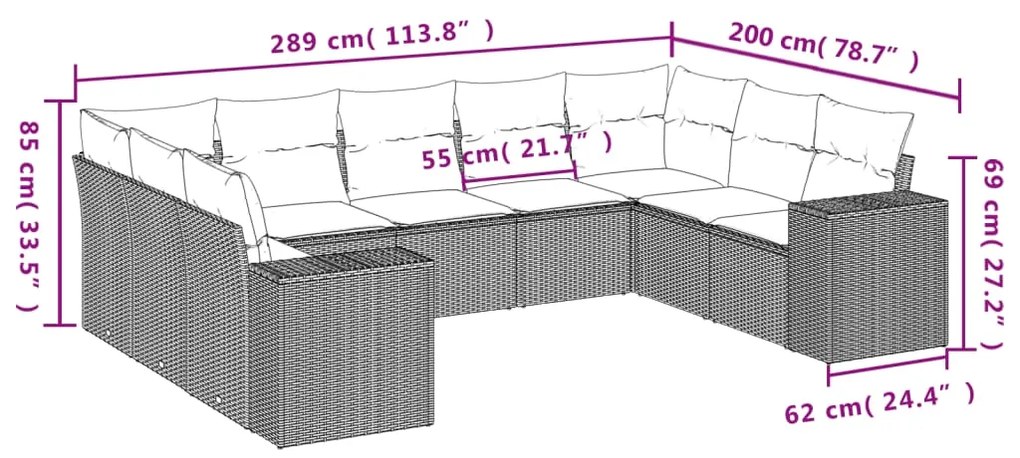 9 pcs conjunto sofás p/ jardim c/ almofadões vime PE castanho