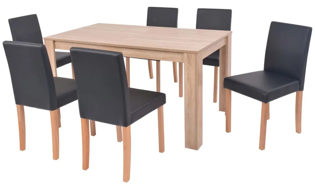 Mesa e cadeiras de jantar 7 pcs couro artificial carvalho preto