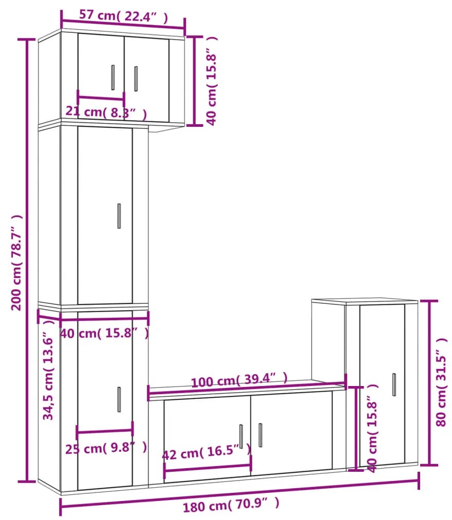 5 pcs conjunto móveis de TV madeira processada branco brilhante