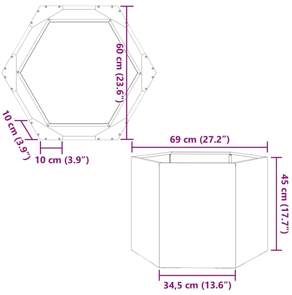 Vaso/floreira de jardim hexagonal 69x60x45 cm aço inoxidável