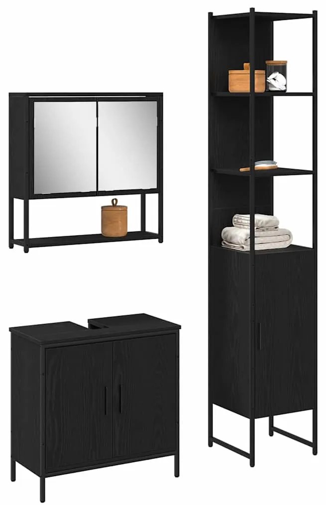 Conjunto de Móveis de Banheiro em 3 Peças Preto Carvalho Madeira Engen