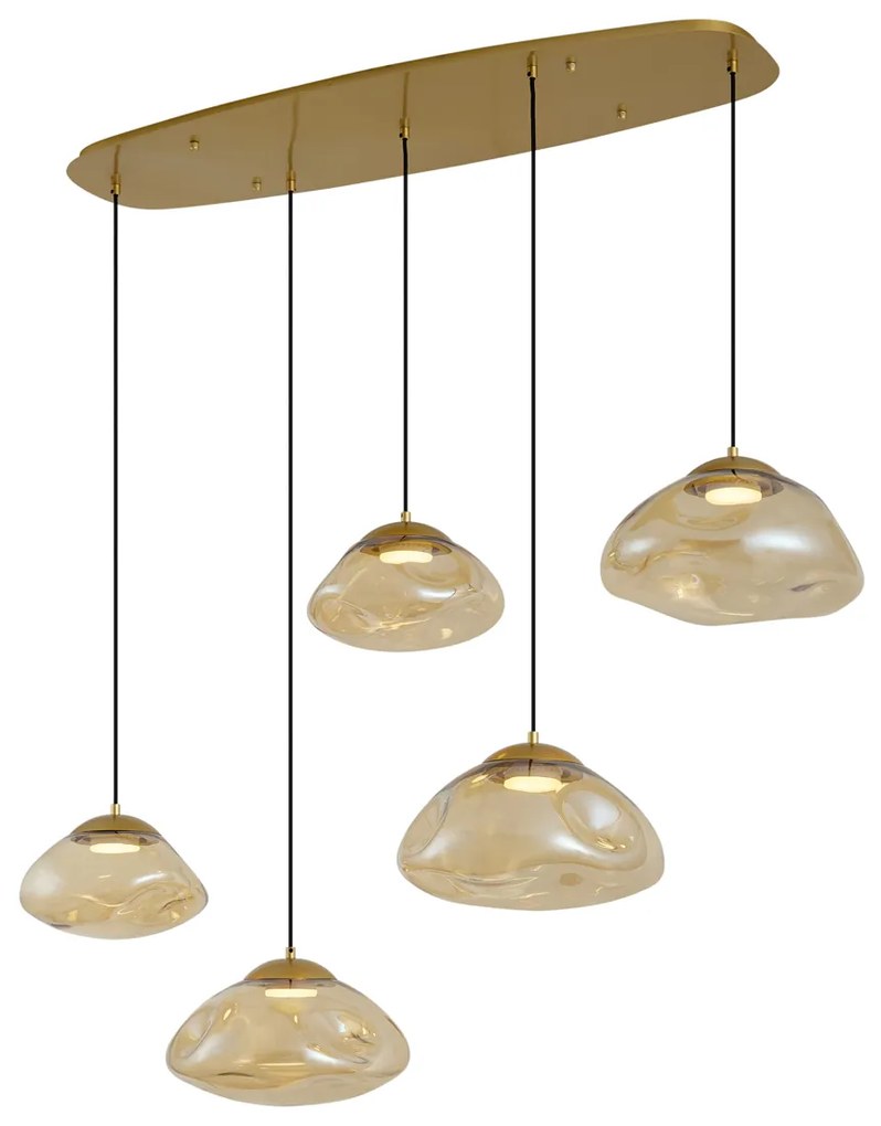 Candeeiro suspenso Hotel Chic latão com vidro âmbar 5-luzes - Gus Chique de hotel