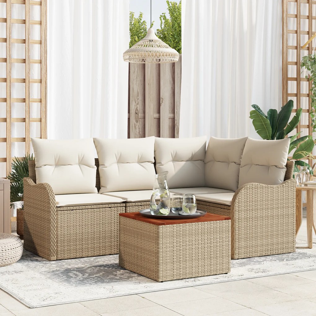 Conjunto de Sofá Garden de 5 Peças com Almofadas Bege de Rattan Polietileno Acácia