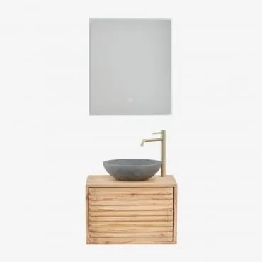 Conjunto De Móveis De Banheiro De Madeira Suspensos Deleyna Madeira Natural & Cimento Cinzento Redondo Ø40 Cm Tarsis & Led - Sklum