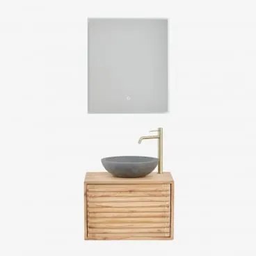 Conjunto De Móvel De Casa De Banho Suspenso 60x45 Cm Em Madeira Deleyna Madeira Natural & Cimento Cinzento Redondo Ø40 Cm Tarsis & Led - Sklum