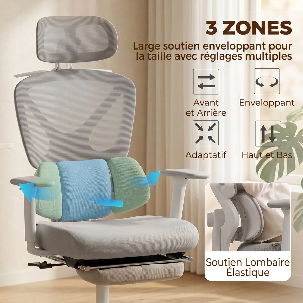 Cadeira de escritório ergonómica, cadeira de escritório com apoio lombar dinâmico e adaptável, 73 x 75 x 120-128 cm, cinzenta