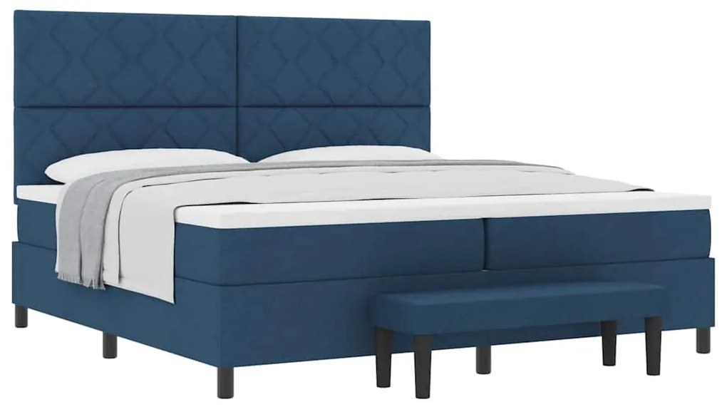 Cama Box Spring com Colchão &amp; Banco Azul 200x200 cm Tecido
