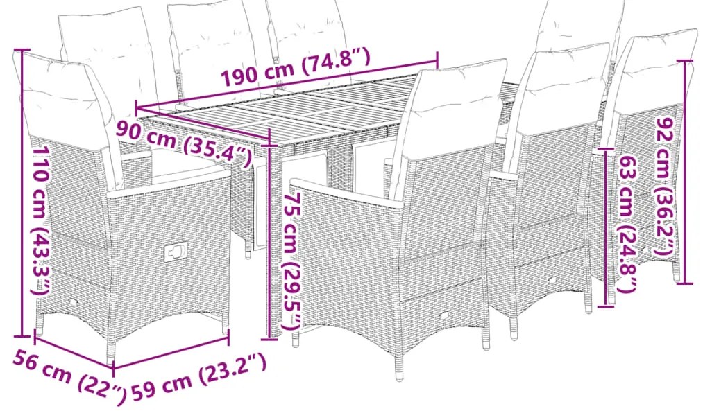 9 pcs conjunto de bistrô p/ jardim c/ almofadões vime PE preto
