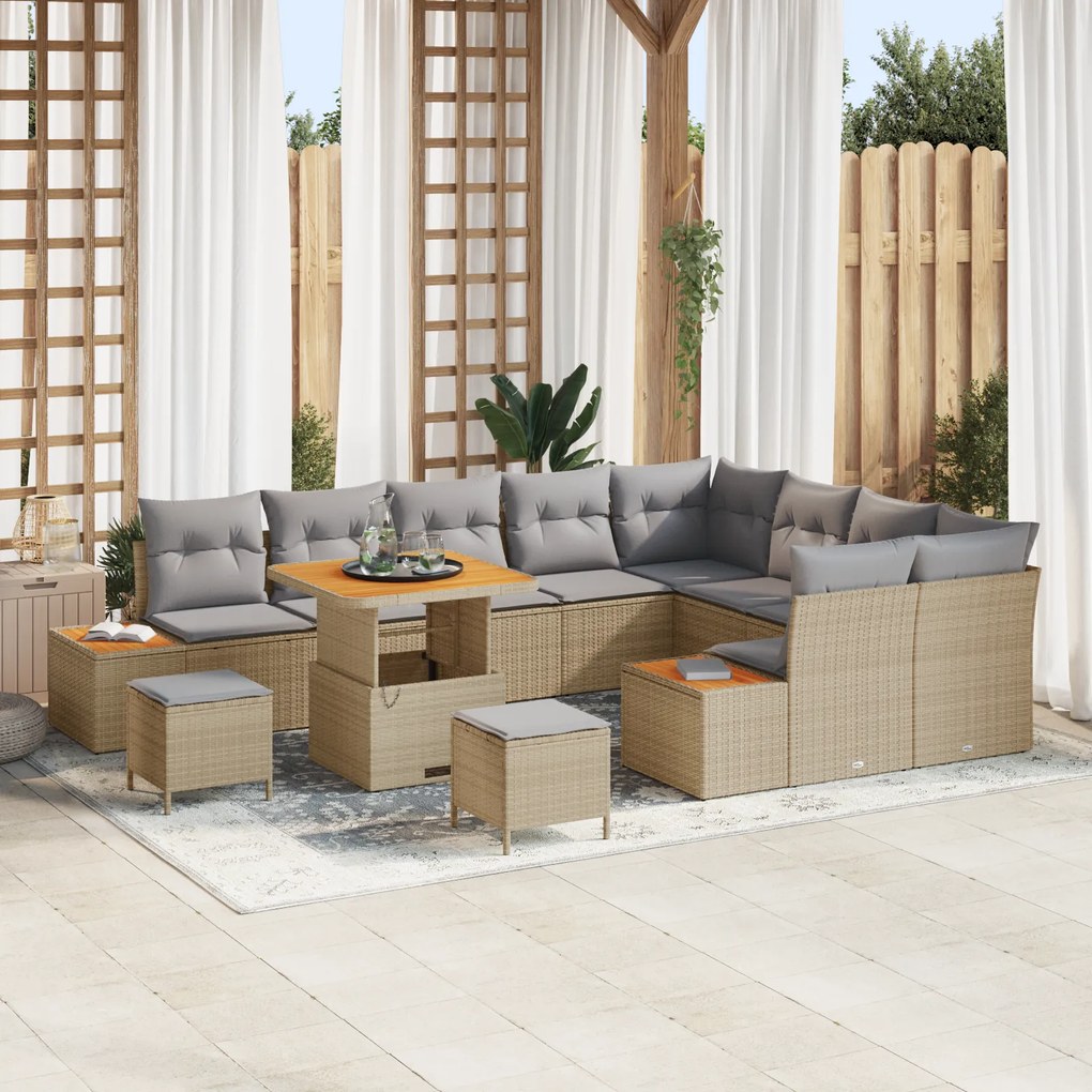 Conjunto de Sofá de Jardim vidaXL 12 Peças com Almofadas Bege Rattan P