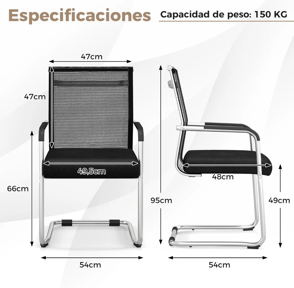 Conjunto de 4 cadeiras de escritório para convidados com base metálica e apoios de braços Cadeira de conferência para escritório em casa Preto