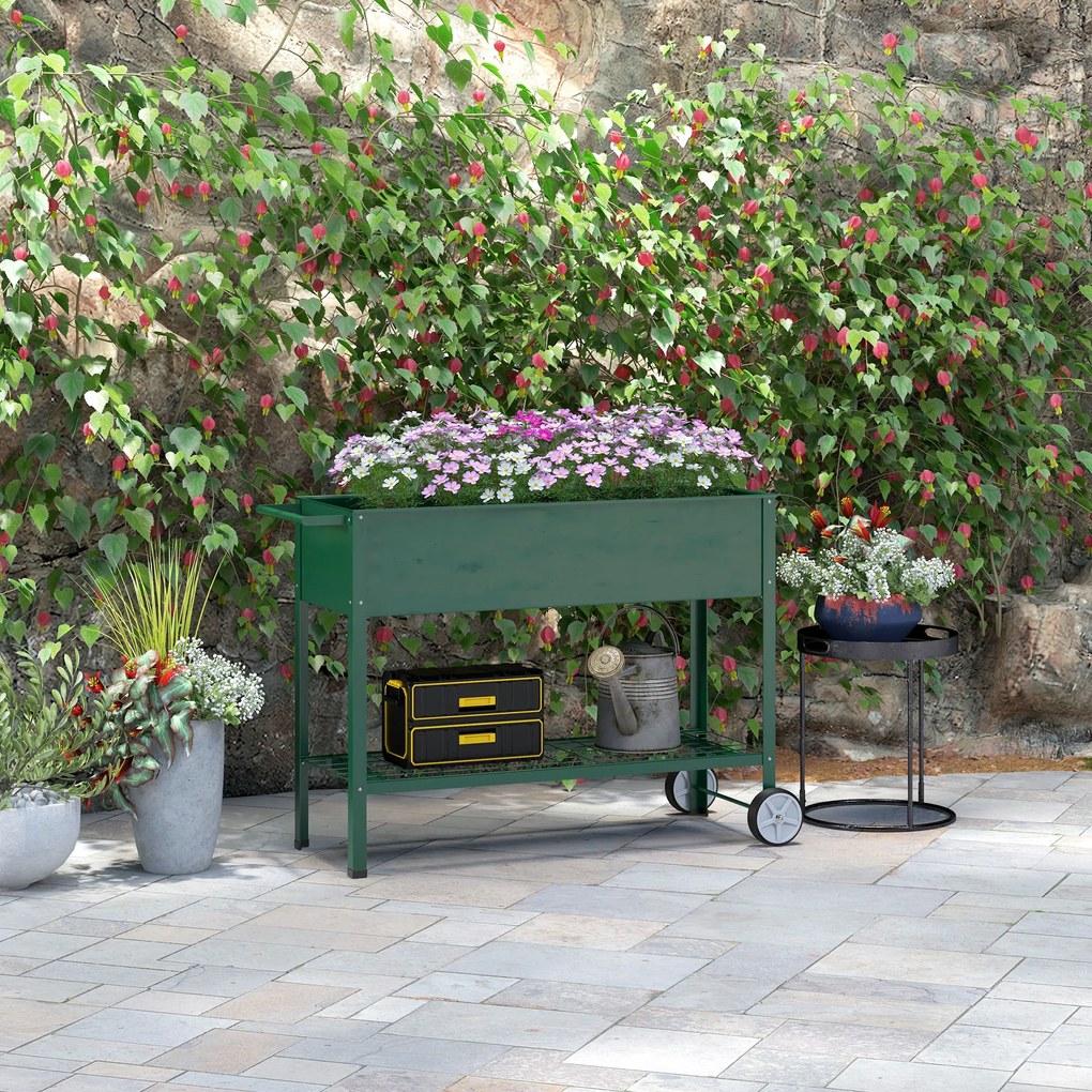 Floreira Vertical Elevada de Metal Horta Vertical com Rodas Alça Lateral e Prateleira Inferior para Cultivo 109x44x80 cm Verde