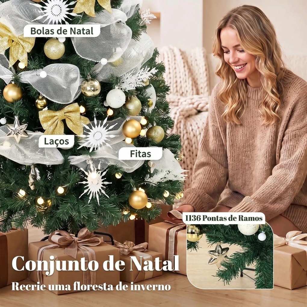 Árvore de Natal Artificial Pré-iluminada 230 cm com 250 Luzes LED 8 Modos 1136 Pontas Comando à Distância Verde