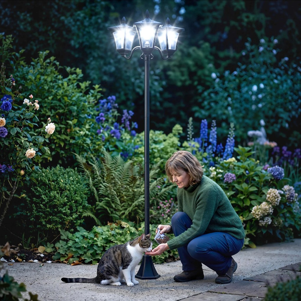 Candeeiro Solar de Jardim com 3 Luzes LED Impermeável IP44 Sensor de Noite Candeeiro de Exterior 51,5x47x182,5cm Preto