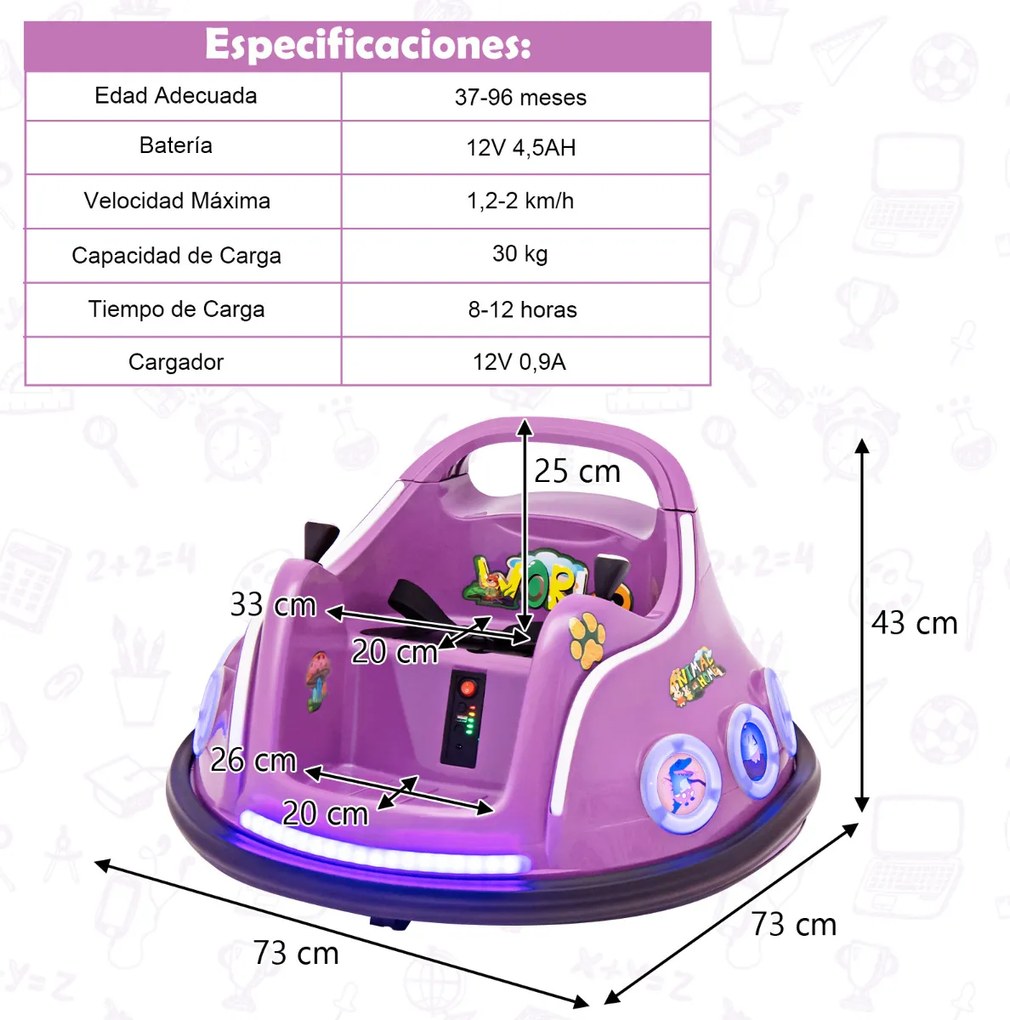 Carrinho de choques para crianças 12V com rotação de 360° Controlo remoto Luzes de controlo remoto Música incorporada 73 x 73 x 43cm Púrpura