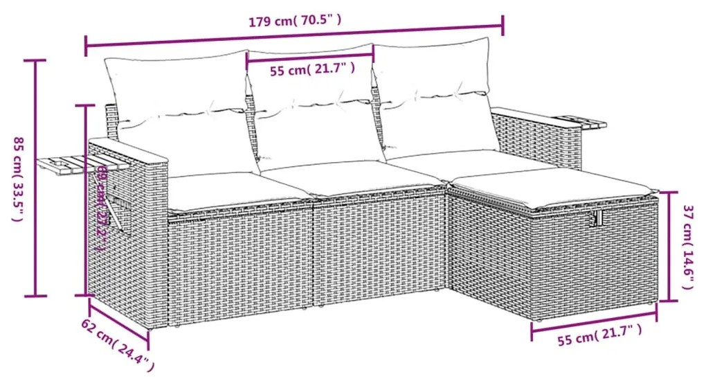 4 pcs conjunto de sofás para jardim c/ almofadões vime PE preto