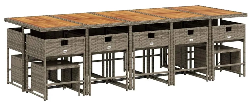 15 pcs conjunto jantar p/ jardim c/ almofadões vime PE cinzento