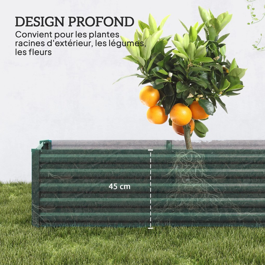 Floreira de horta elevada em aço galvanizado 240 x 40 x 45 cm, com barras de suporte e placas de canto, fundo aberto, verde