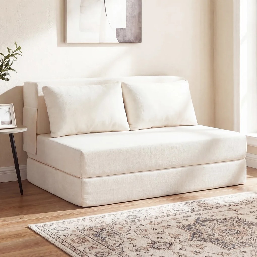 Sofá-cama futon dobrável grande 3 em 1 com 2 almofadas, tecido de chenille , para sala, quarto ou escritório Bege