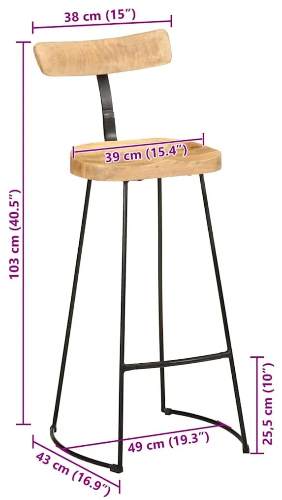 Bancos de bar 2 pcs 49x43x103 cm madeira de mangueira maciça