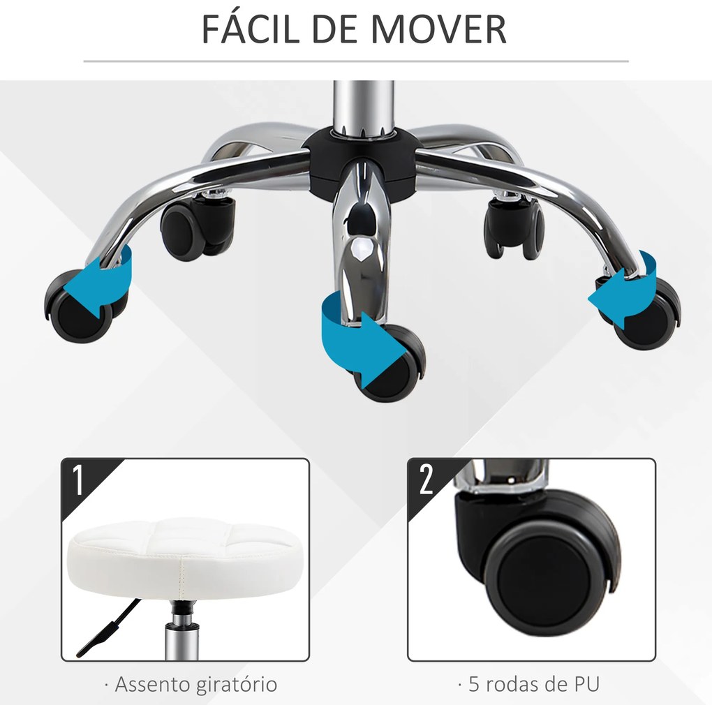 HOMCOM Banco Giratório com Rodas Altura Ajustável entre 48-63cm Banco de Trabalho Estofado em Couro PU para Salão Dentista Diâmetro Ø35,5cm Branco