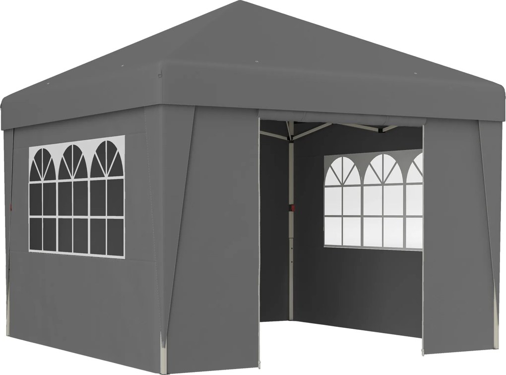 Outsunny Tenda de jardim dobrável 3 x 3 x 2,75 m anti-UV 30 + com janelas + paredes laterais + saco de transporte cinzento escuro | Aosom Portugal