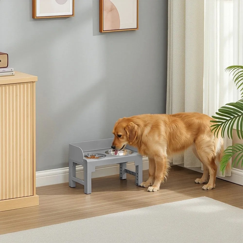 Comedouro elevado para cães, ajustável em altura e inclinável 42,5 x 24 x (28,5-36,5) cm Cinza
