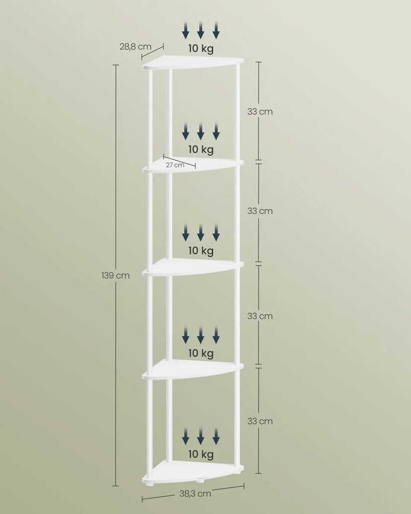 Estante de canto com 5 prateleiras 38,3 x 27 x 139 cm Branco