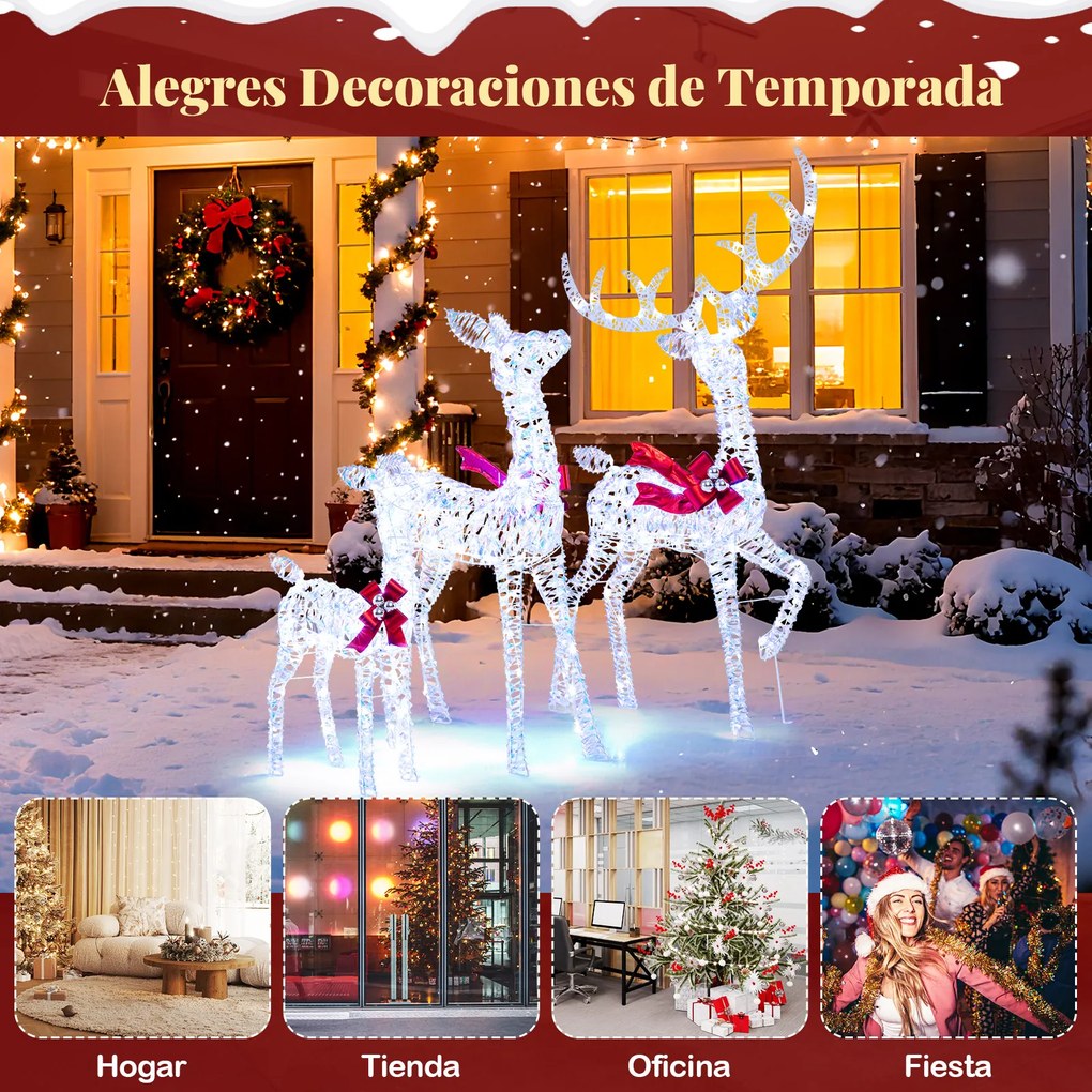 Conjunto de 3 Renos de Natal Iluminados, 215 Luzes LED Resistentes às Intempéries, Branco