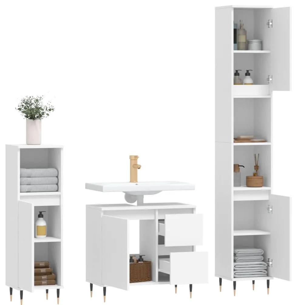 3 pcs conjunto móveis casa de banho derivados de madeira branco