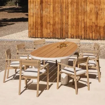 Conjunto De Mesa Oval Taneli, 260x110 Cm, Feito De Alumínio E Madeira De Teca, E 8 Cadeiras De Jardim Em Madeira De Acácia Saira Madeira De Teca -