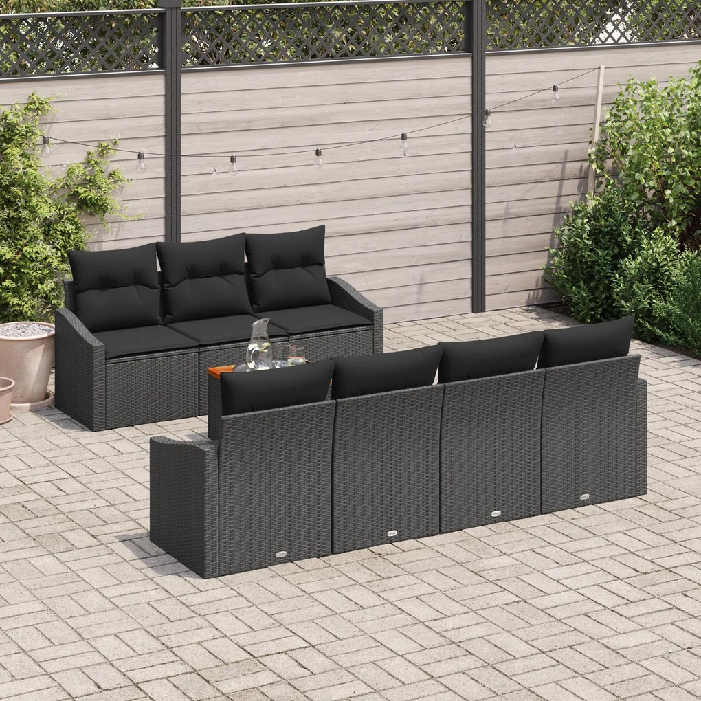 Conjunto de Sofá de Jardim com Almofadas Preto Polí Rattan Acácia