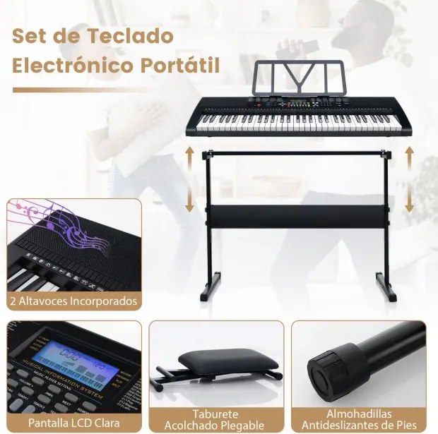 Teclado eletrónico portátil iluminado de 61 teclas com estrado e banco Conjunto de piano digital  50 canções de demonstração Branco + Preto