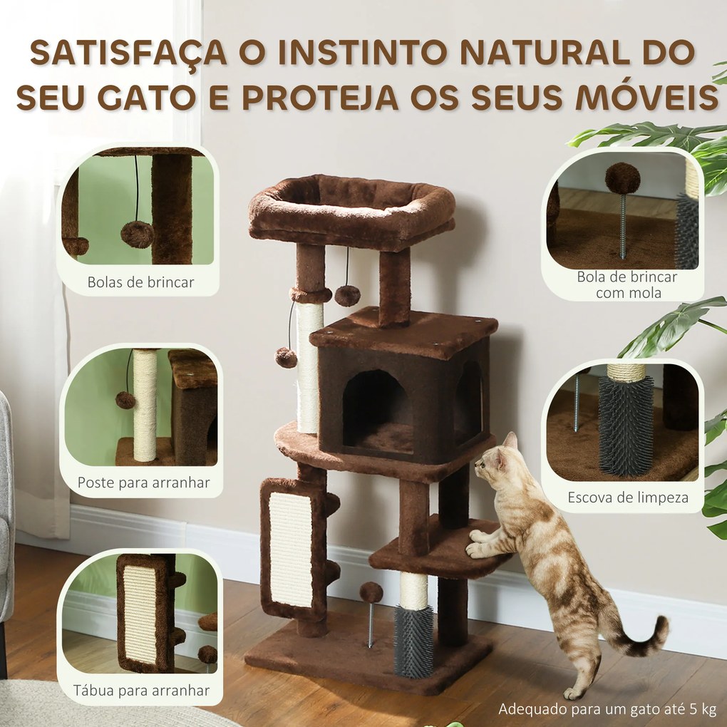 Arranhador para Gatos Grande Altura 104 cm com Plataformas Postes com Escova Bolas Suspensas e Almofadas para Arranhar Castanho e branco creme