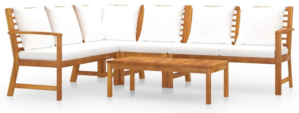 5 pcs conj. lounge jardim c/ almofadões cor creme acácia maciça