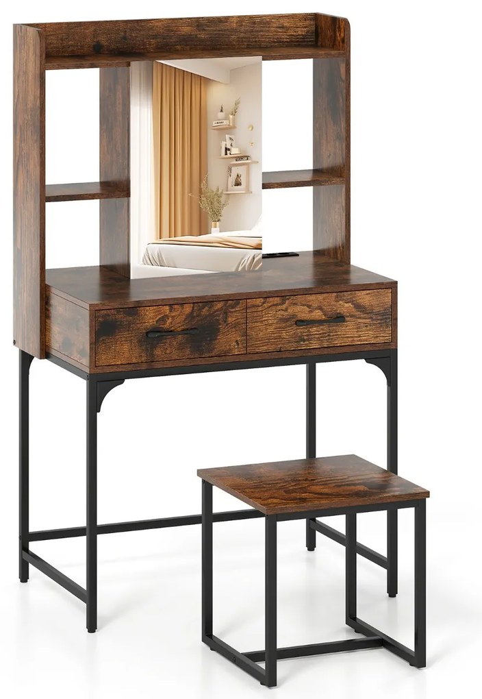 Penteadeira com espelho e iluminação 108 cm Mesa de maquiagem com estação de carregamento de banqueta 3 cores de luz 3 gavetas marrom