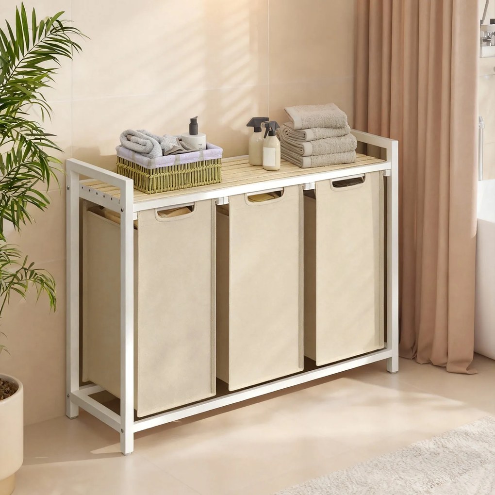 Cesto da roupa suja com 3 compartimentos, cesto com prateleira, 92,5 x 33 x 72 cm Bege