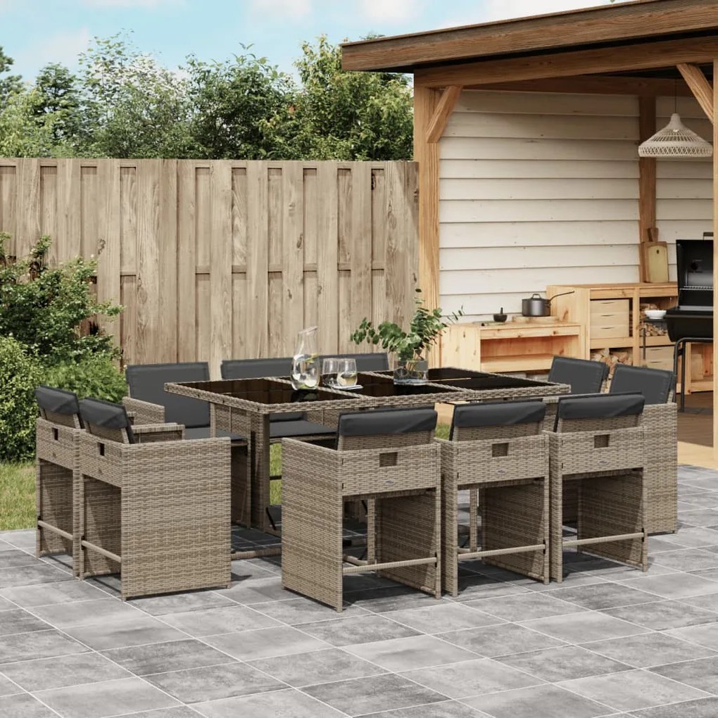 vidaXL 11 pcs conjunto jantar p/ jardim c/ almofadões vime PE cinzento